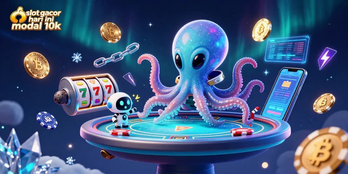Experience the thrill of slot gacor hari ini modal 10k with vibrant 3D characters at a floating poker table.