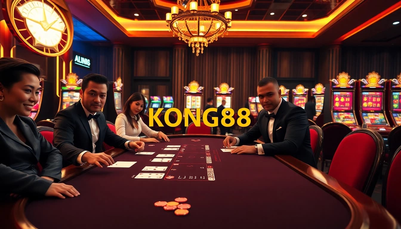 KONG88 players placing bets at a luxurious blackjack table amidst vibrant casino lights.
