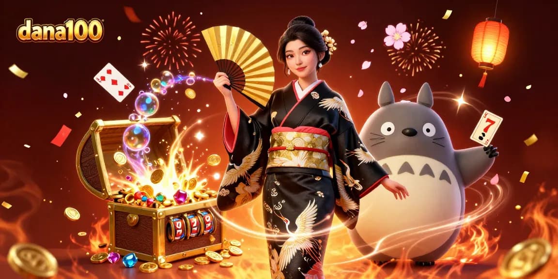 dana100 offers a thrilling slot game experience with a vibrant scene showcasing winning reels, golden coins, and festive decorations.