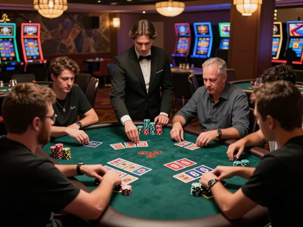 King33 players engaged at live blackjack table with professional dealer in vibrant casino.