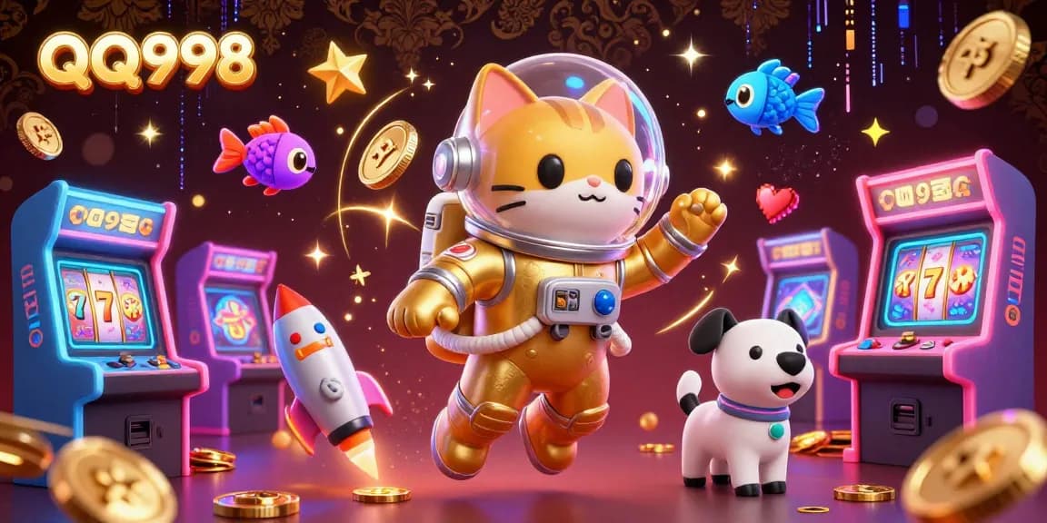 Engage in thrilling gameplay with QQ998, featuring vibrant slot machines, exciting characters, and glowing elements.