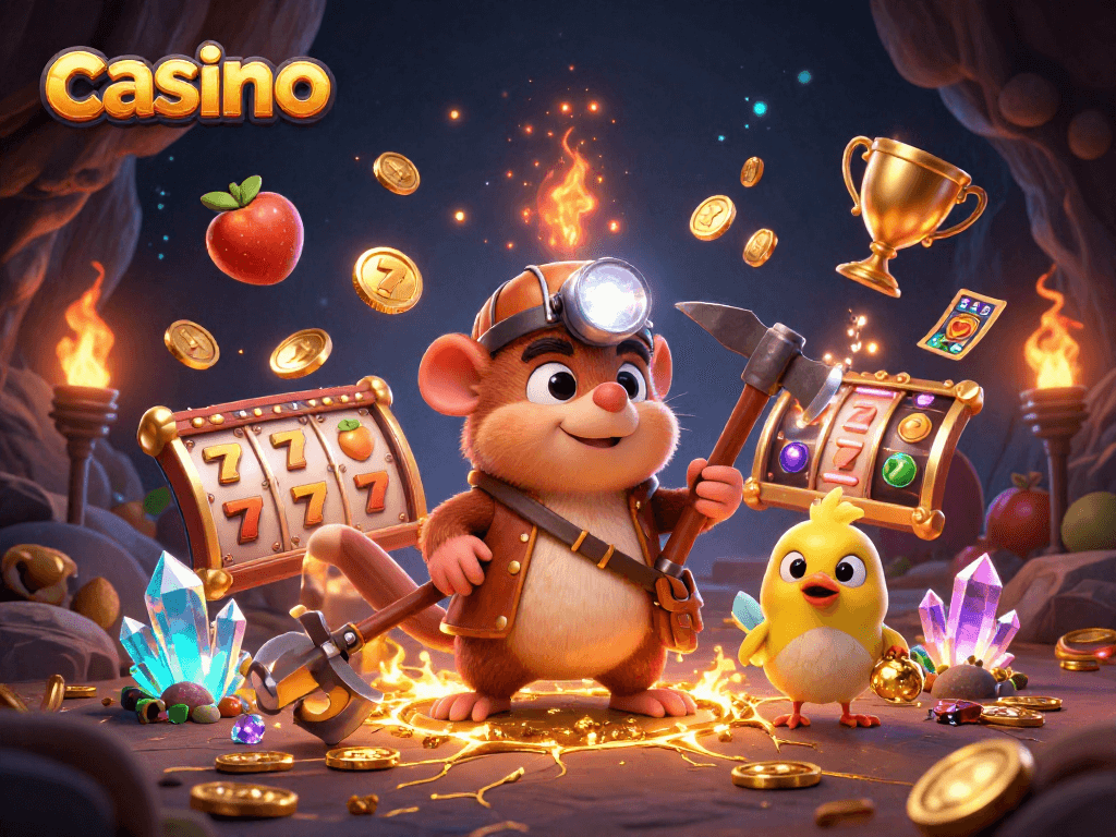 Enjoy thrilling casino adventures with the mole character and festive slot machine details, revealing the excitement of gameplay.