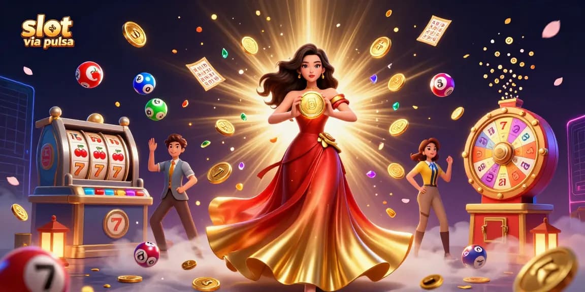 Engage with slot via pulsa gameplay featuring vibrant coins, slot reels, and a glamorous setting.