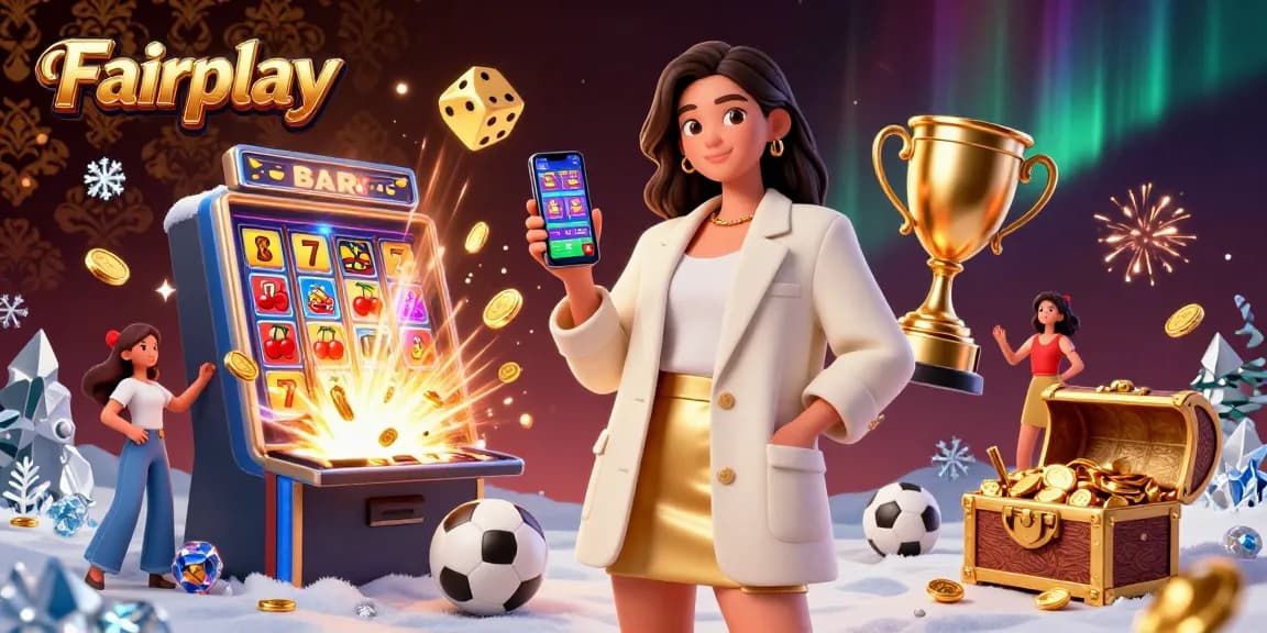 Experience Fairplay excitement with a friendly Asian woman exploring sports betting on her smartphone amidst vibrant gaming elements.