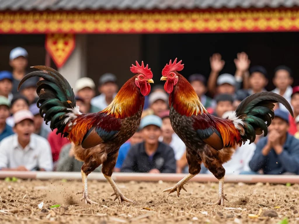 Xem đá gà trực tiếp HD với hai chú gà đang chiến đấu dữ dội trong một đấu trường Thomo đầy màu sắc trong một trận đấu hấp dẫn.