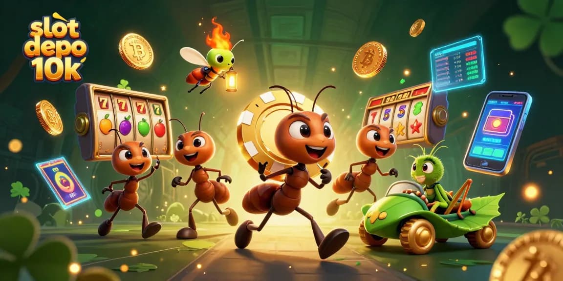 Experience thrilling action with slot depo 10k as cartoon ants carry a giant poker chip in a vibrant heist scene.
