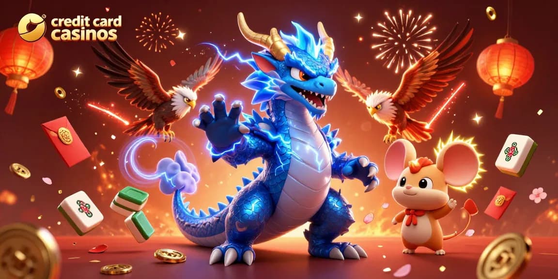 Engaging illustration of credit card casinos featuring a cartoon dragon, a glowing hawk, and festive casino elements.