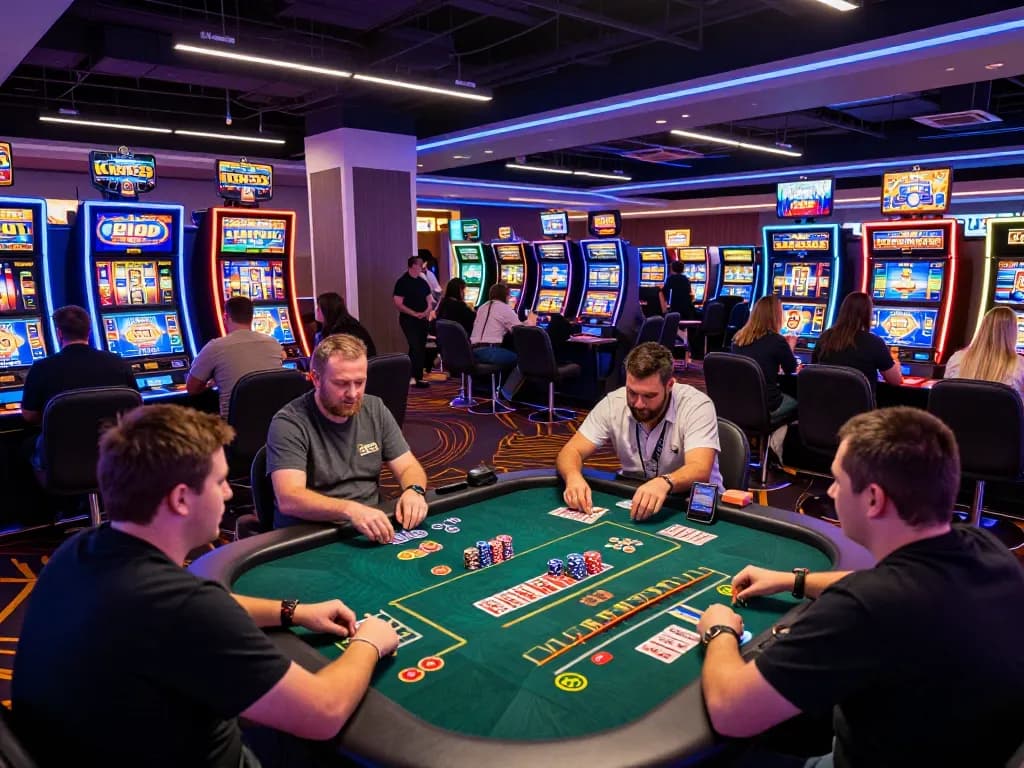 king33 players engaging in exciting casino gaming with vibrant slot machines and live dealer tables