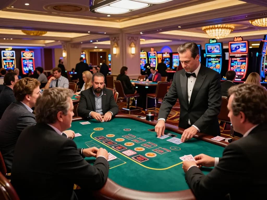 C168 casino scene with players engaged at blackjack tables, showcasing strategic gameplay and intense betting.