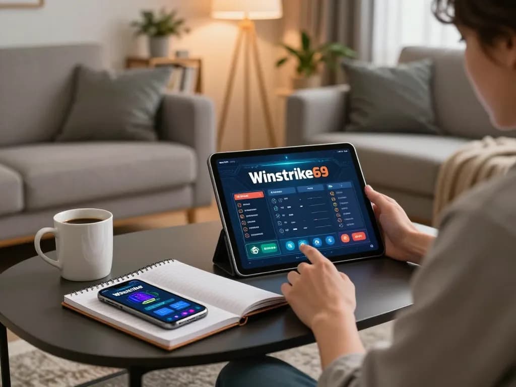 Engaging with Winstrike69 gaming app on tablet in a cozy home environment, showcasing responsible gaming.