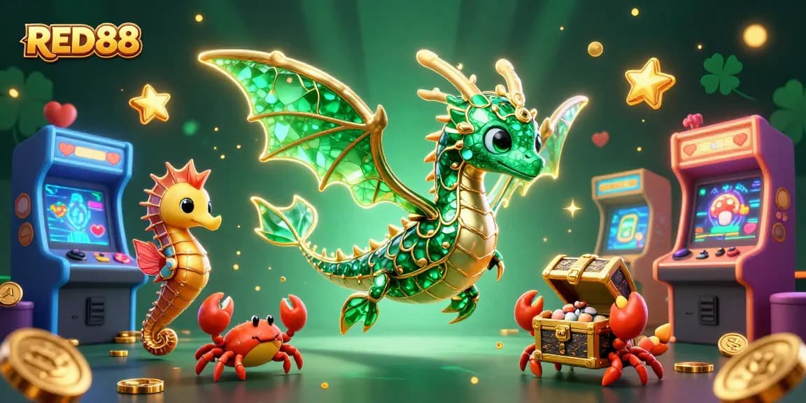 Join the winning adventure with RED88 in a vibrant casino-themed 3D illustration filled with treasures.