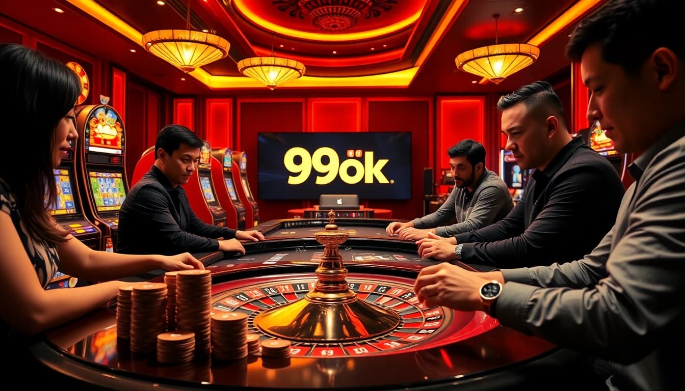 Engaging players enjoying a thrilling casino experience at 99ok with vibrant slot machines and roulette.