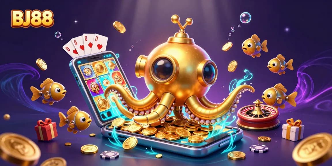 Experience the vibrant BJ88 casino world with a golden kraken submarine amidst coins and games.