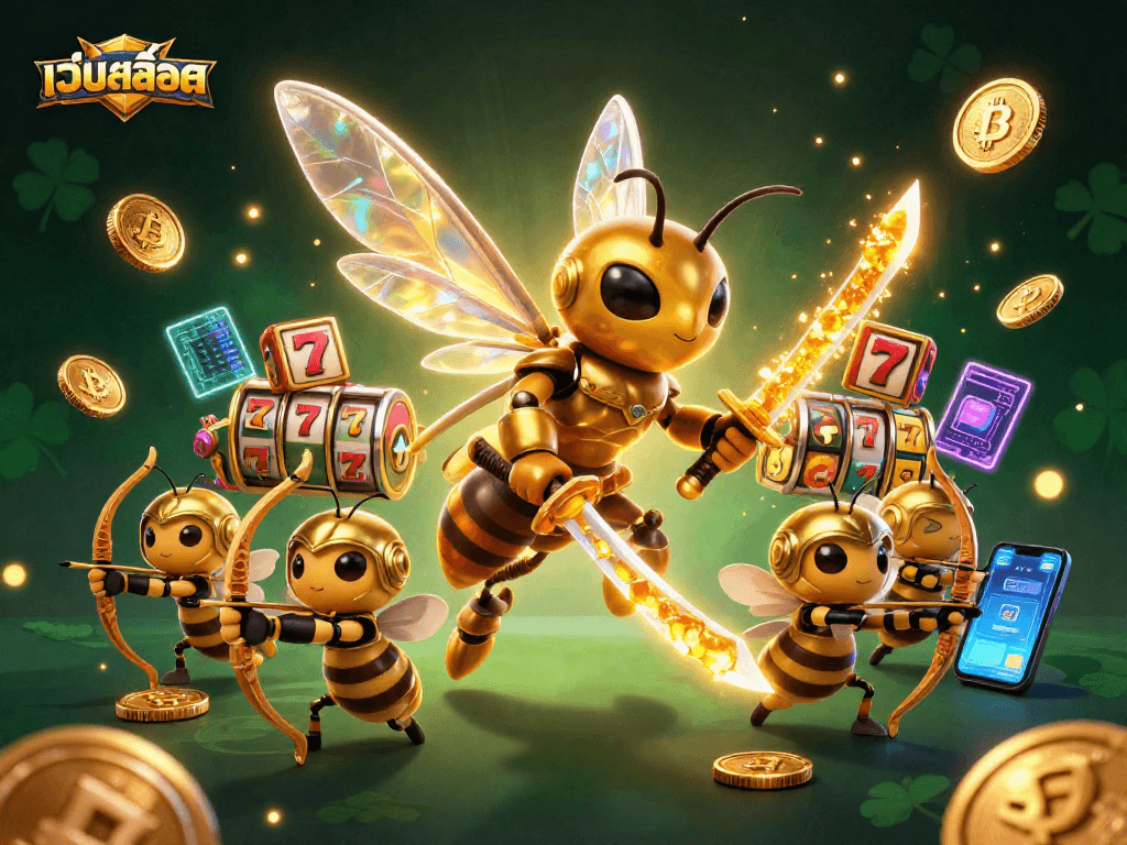 Spin the reels at เว็บสล็อต with a giant golden hornet samurai and bee archers in action!