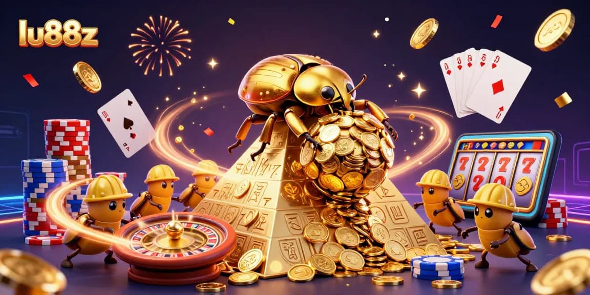 Spin into luck with lu88z's vibrant casino scene featuring a golden dung beetle and dazzling game elements.