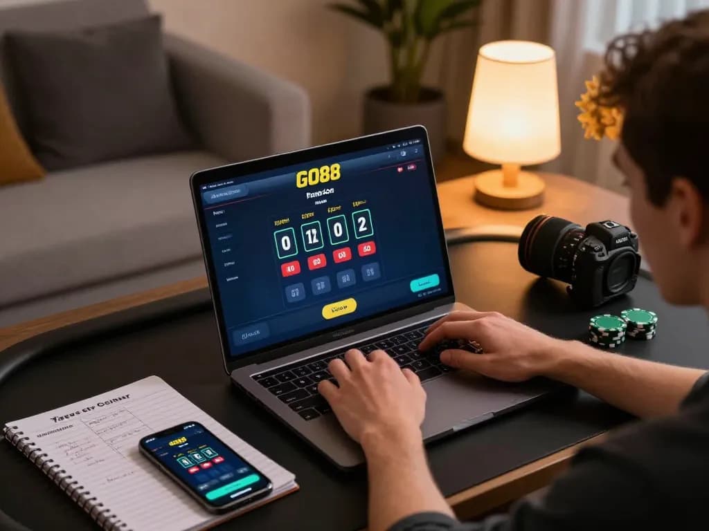Player engaging with GO88 app on a laptop for online betting strategy in a cozy home setting