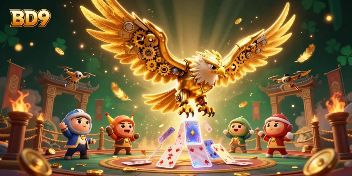 Experience excitement with BD9 as the golden eagle navigates through a cascade of holographic cards.