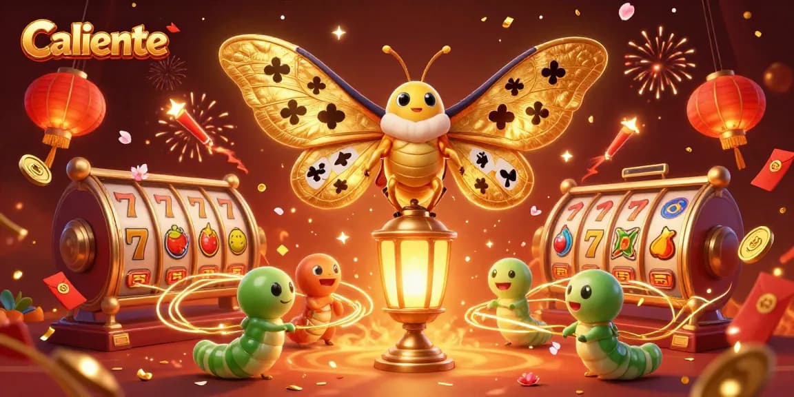 Experience the thrill at Caliente, where golden butterflies and spinning slots create a vibrant casino atmosphere.