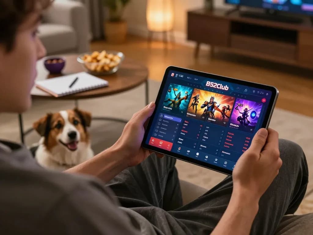 Enjoying a game night on B52club with a tablet in a cozy living room
