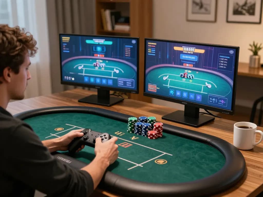 MM88 player engaging in online poker game from home with focused strategy