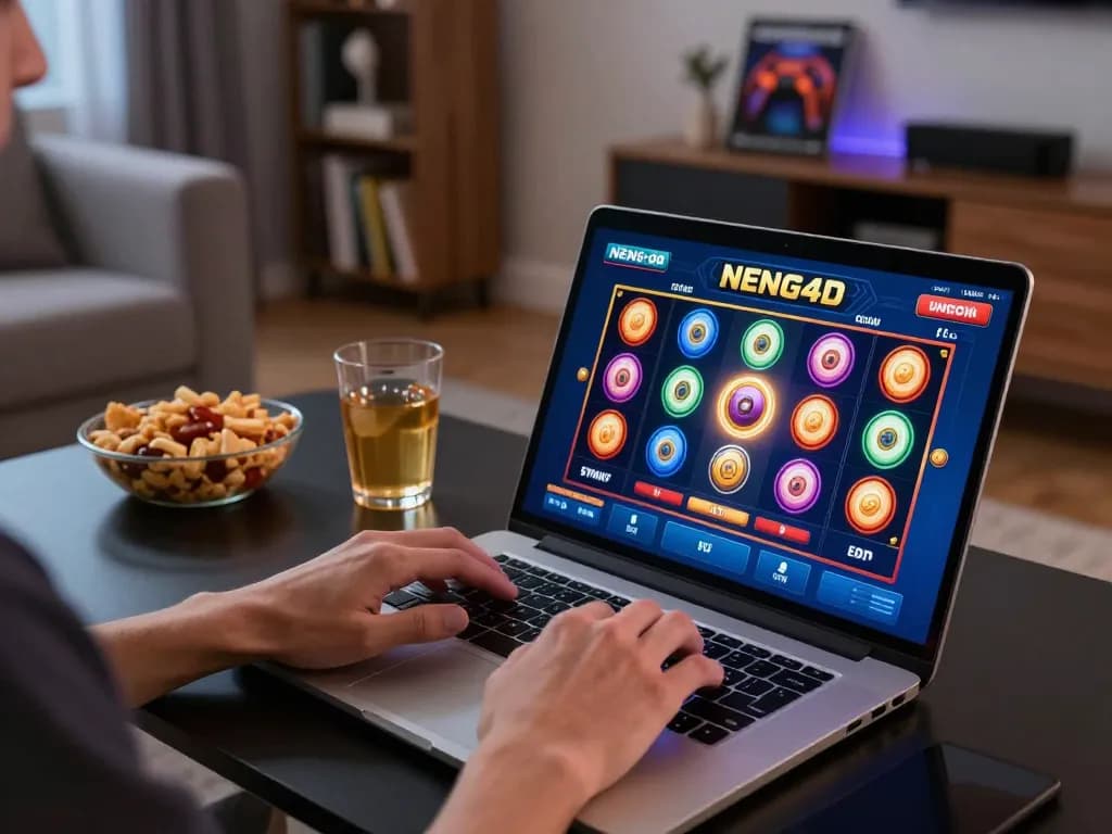 A player engaging with the NENG4D slot game in a cozy home setup, showcasing excitement and focus.