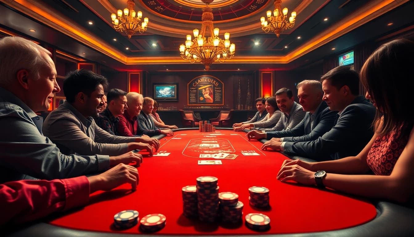 Spieler genießen das Erlebnis von casino spielen online am eleganten Tisch mit Pokerkarten.