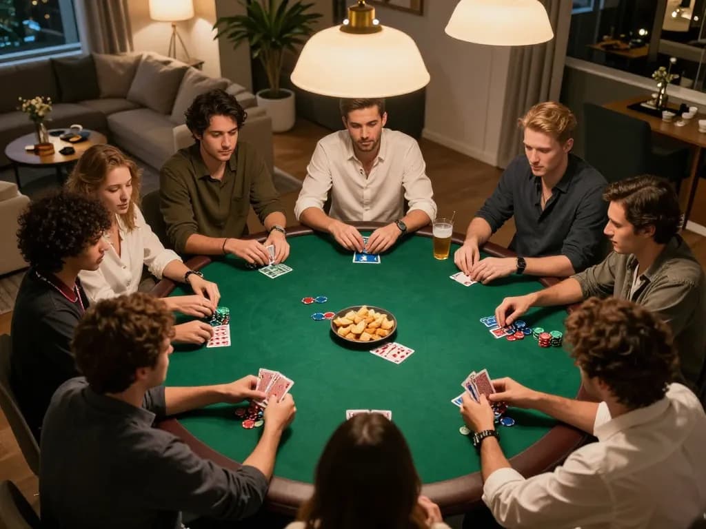Tether gambling at home poker night with players in action and chips on the table.