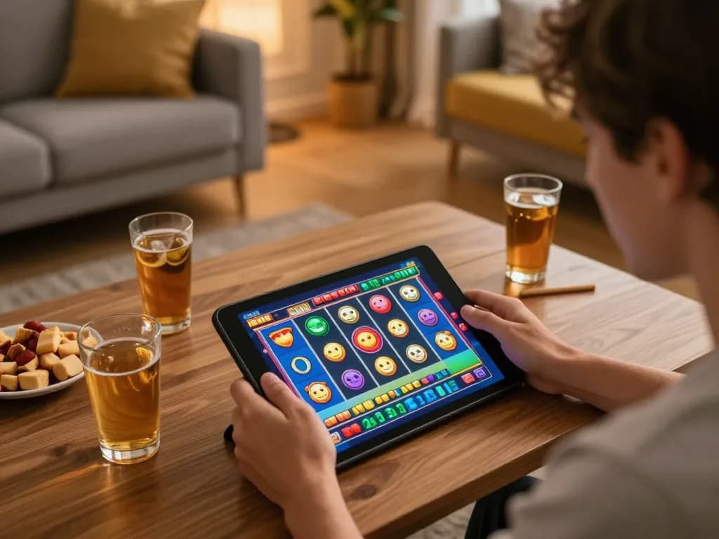 Pemain menikmati permainan slot online di tablet di rumah, menjelajahi aman788 untuk permainan yang bertanggung jawab.