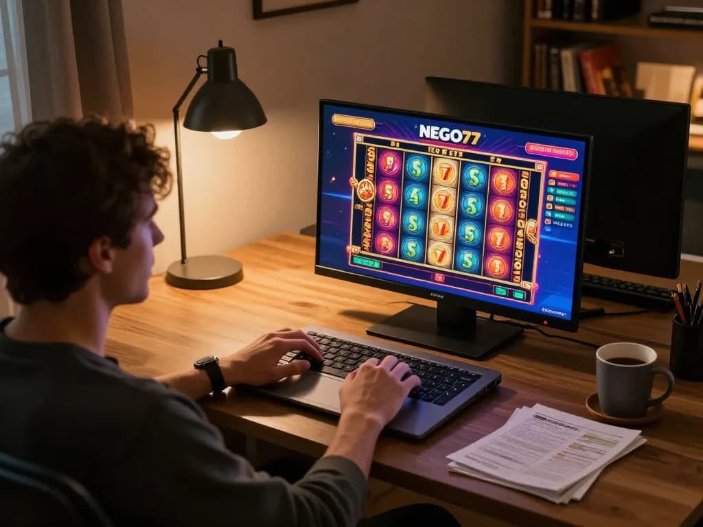 Player engaging with NEGO77 slot games on a laptop, showcasing strategic gameplay and home comfort.