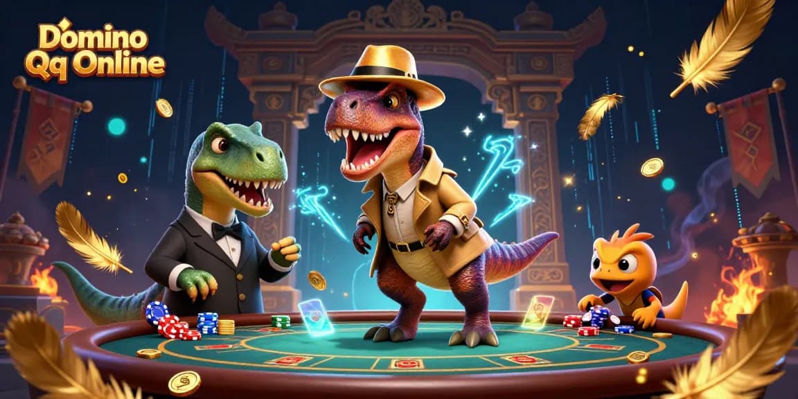 Engage in thrilling action at Domino Qq Online with a clever velociraptor at a poker table.
