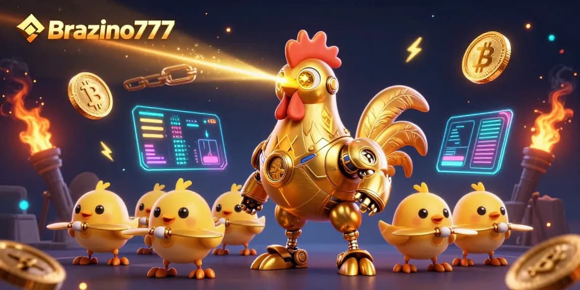 Brazino777 showcases a golden rooster robot engaging in crypto-themed gameplay amidst glowing coins and vibrant game elements.
