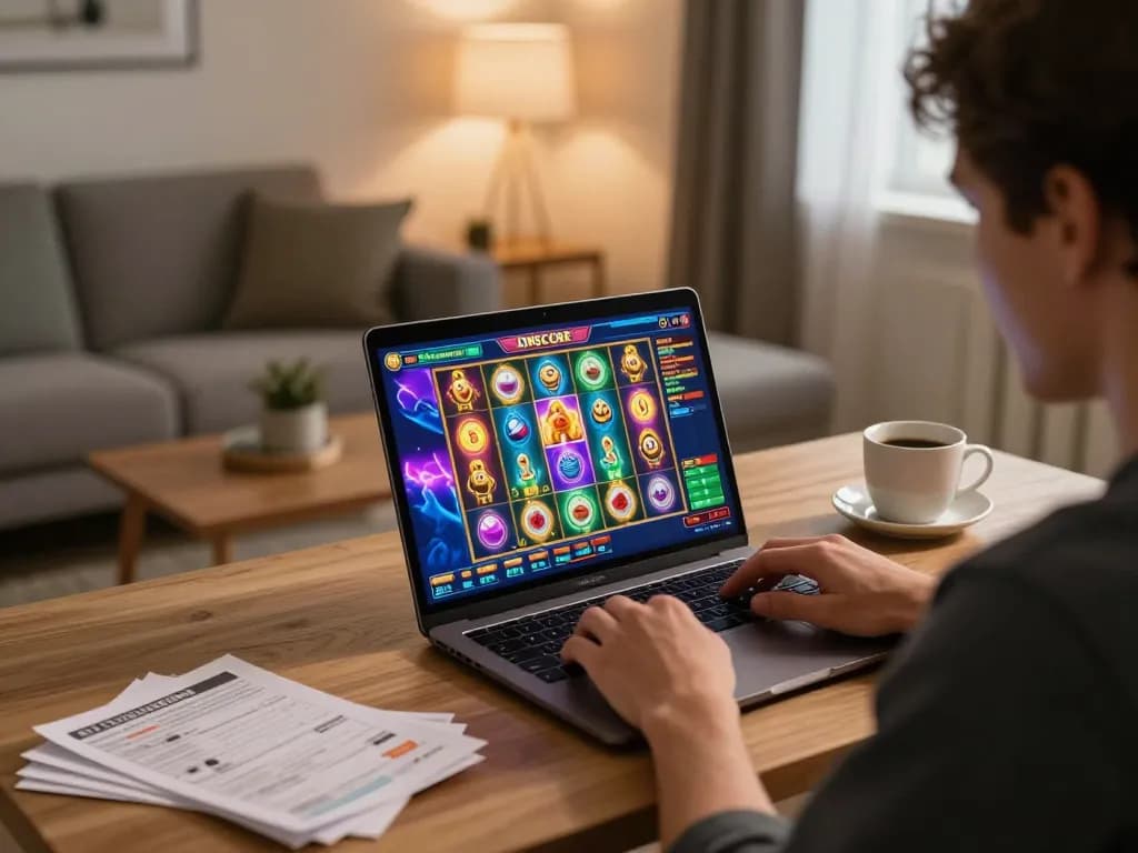 IDNSCORE slot player immersed in winning gameplay at home with cozy gaming setup and strategy notes.