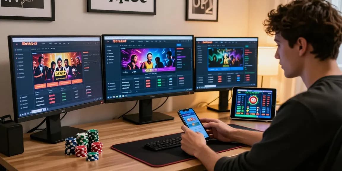 Betebet online betting experience with a player using smartphone and multiple screens.
