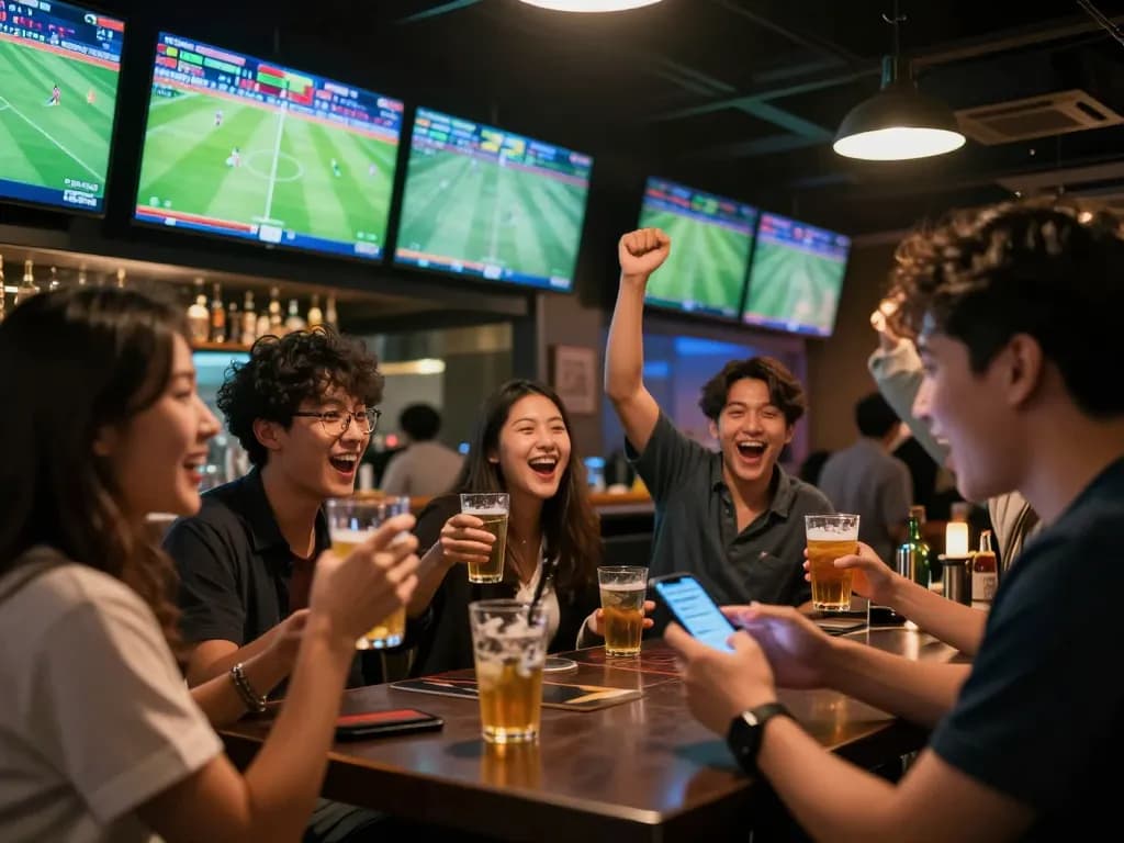 Soi Kèo sports betting in an energetic bar with friends cheering while placing bets