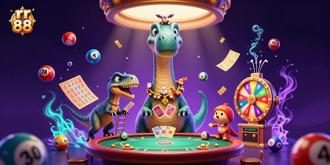 Engage with rr 88 as a giant dinosaur oversees a lively casino scene filled with colorful games and dynamic elements.