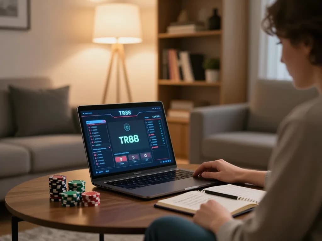 Player engaging with TR88 online casino platform at home, showcasing strategic gameplay and responsible betting