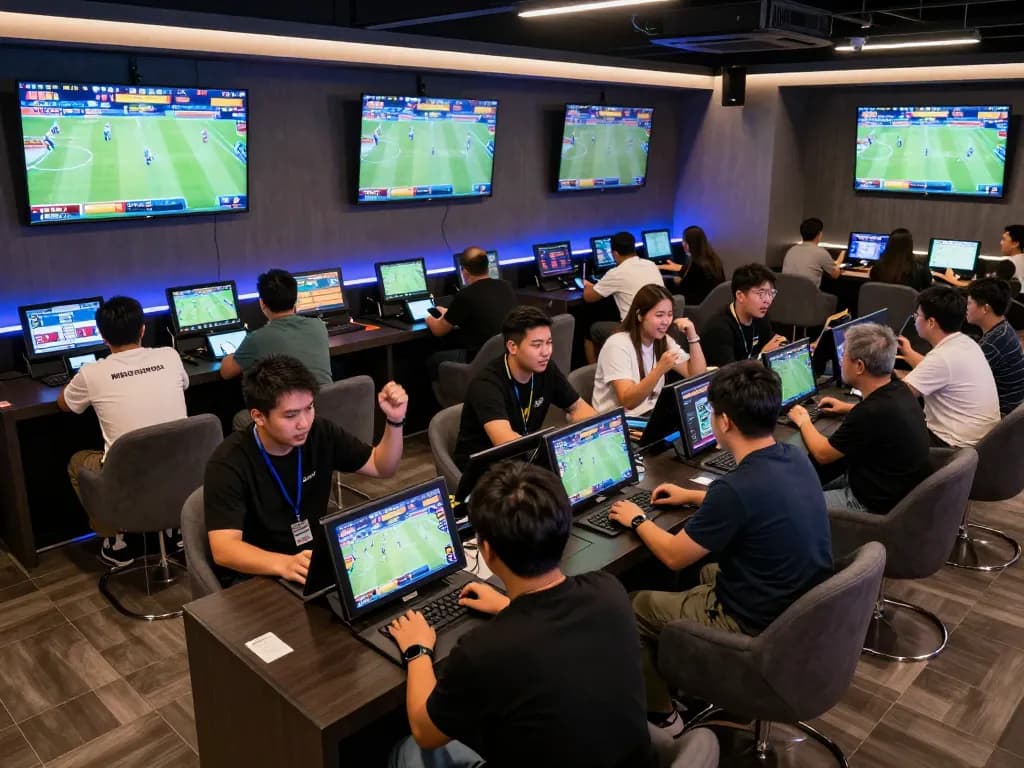 FB88 sports betting enthusiasts analyzing odds and placing bets in a vibrant lounge atmosphere.