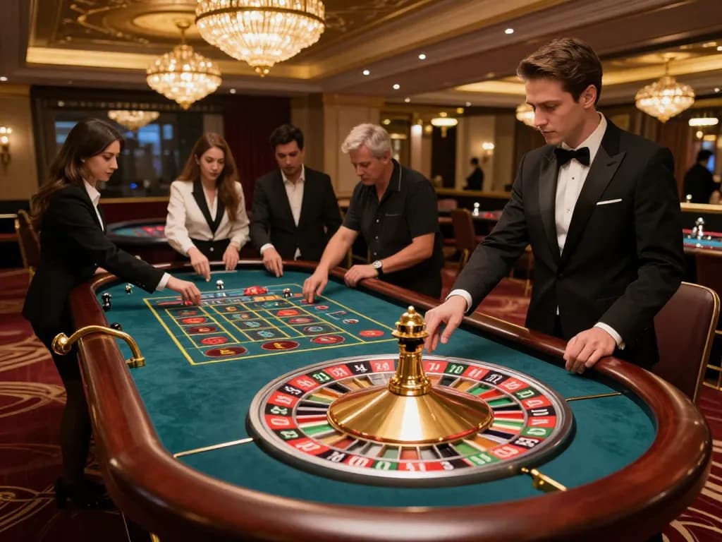 Experience the excitement of ดูหนังออนไลน์ as players engage at a roulette table in a luxurious casino.