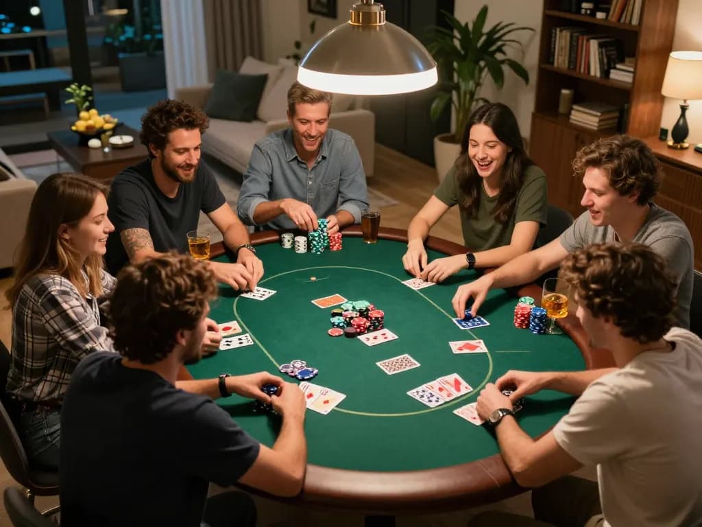 Friends enjoying a poker night at home, showcasing the engaging gameplay experience of u8888.