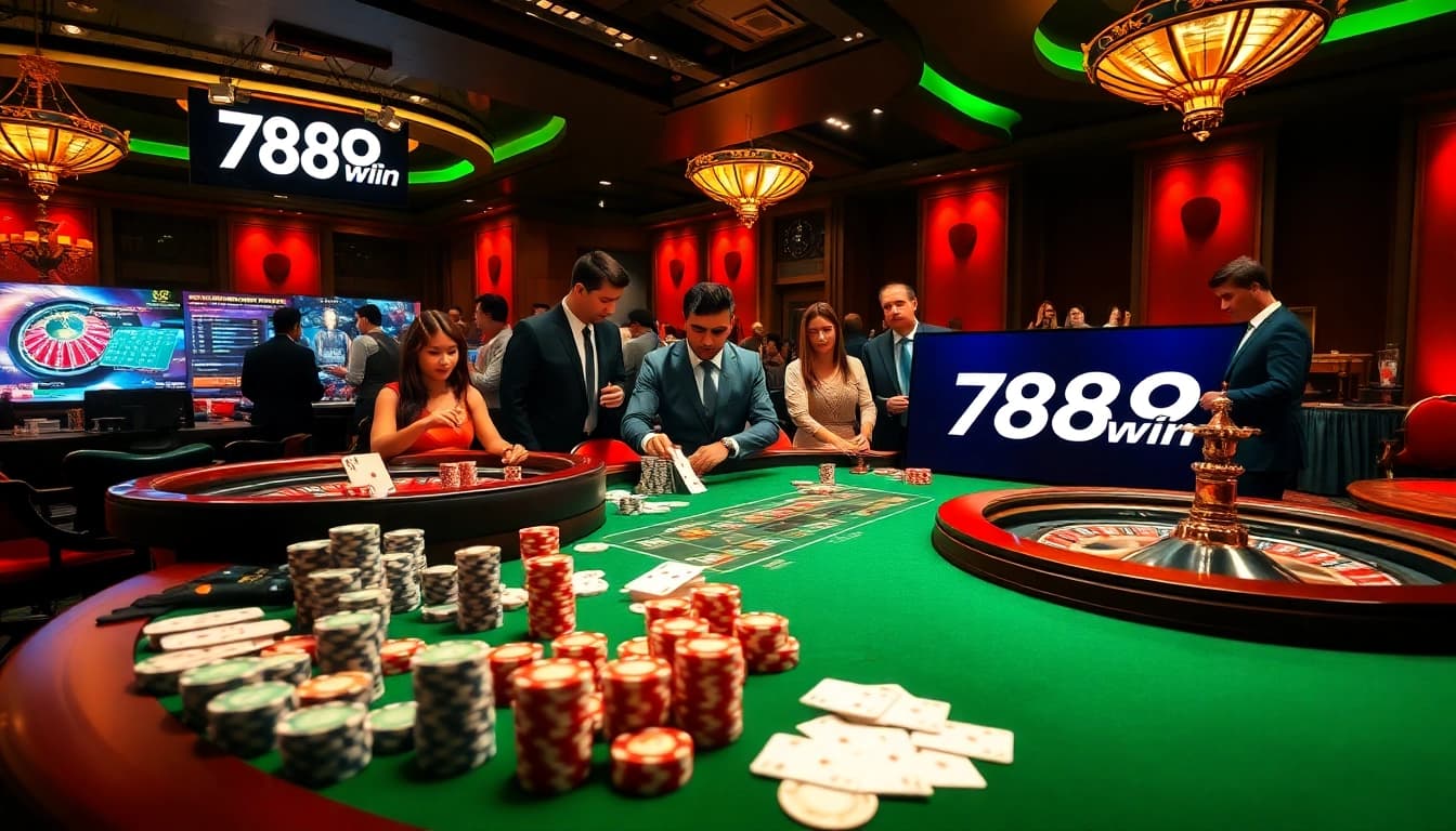 A lively casino scene featuring players at a table with poker chips and cards, highlighting the excitement of 789win gambling.