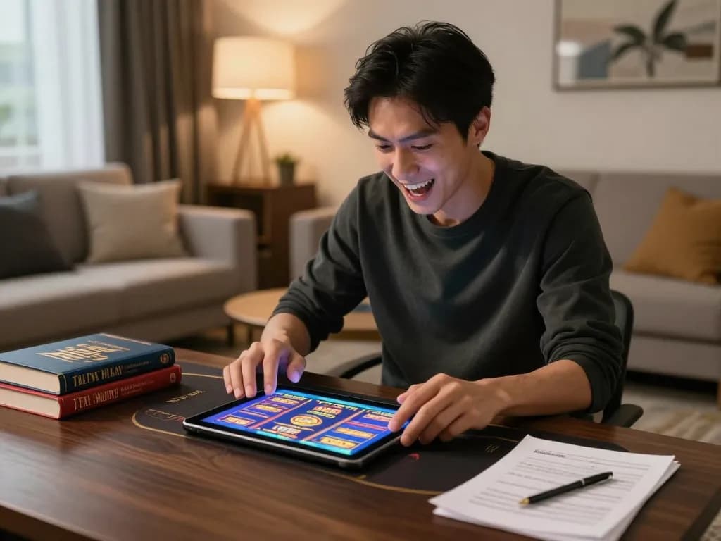aman788 online gambler enjoying a winning moment with strategy notes beside them