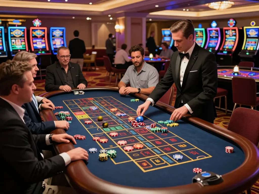Experience the thrilling atmosphere at a casino with players engaging at the roulette table, celebrating wins with UGDEWA excitement.