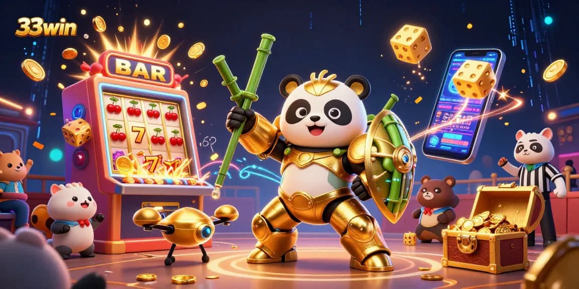 Engage with 33win's thrilling casino experience featuring a golden panda in dynamic 3D action.