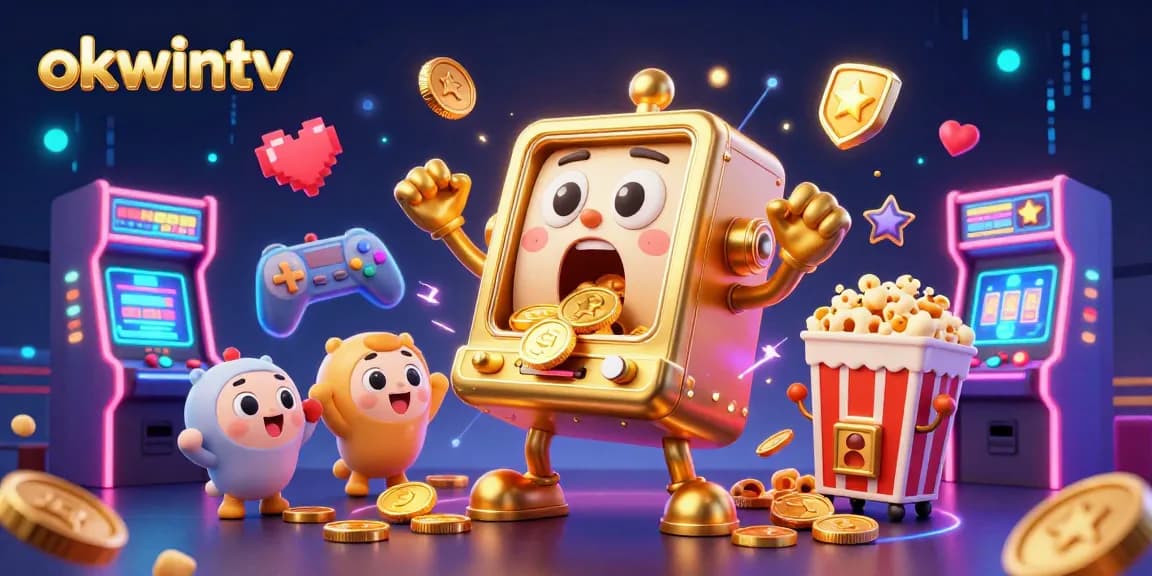 Engage with okwintv's exciting jackpot scene featuring a golden slot machine and festive elements.