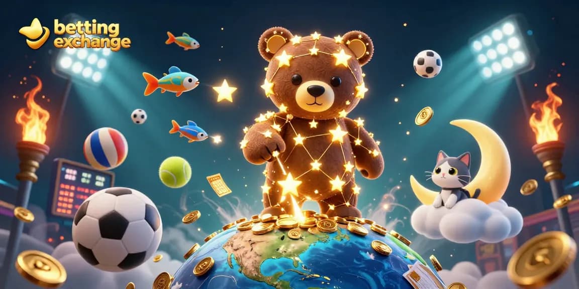 Experience the excitement of betting exchange with energetic visuals of sports balls and coins.