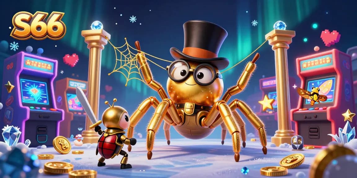 Experience the excitement of S66 with a dynamic casino illustration featuring whimsical characters and gaming elements.