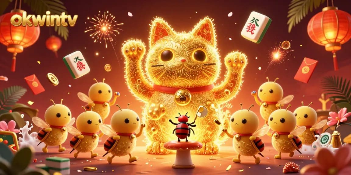 Experience the excitement of okwintv with a vibrant illustration of a lucky cat surrounded by casino symbols.