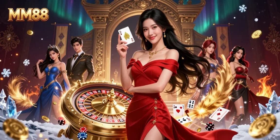 Engage with MM88's vibrant casino scene, showcasing a beautiful woman with a golden playing card beside a roulette wheel.