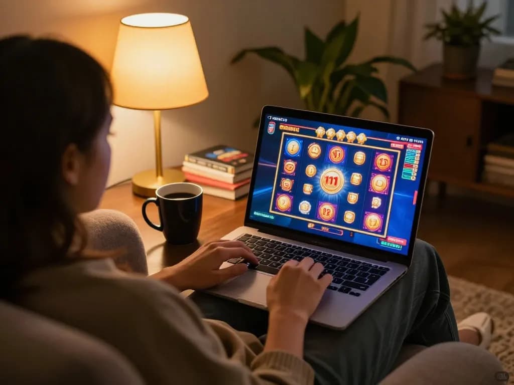 Engaging in online usa casinos gameplay on a laptop in a cozy home setting