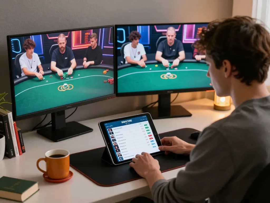 IDNSCORE online poker game action with player focused on dual screens and interactive app interface.